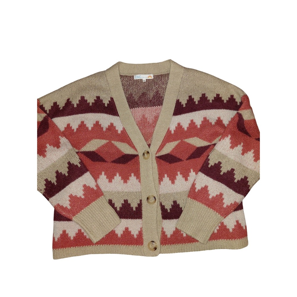 C&C California Womens Southwestern Geometric Knit V-Neck Button Front Cardigan L